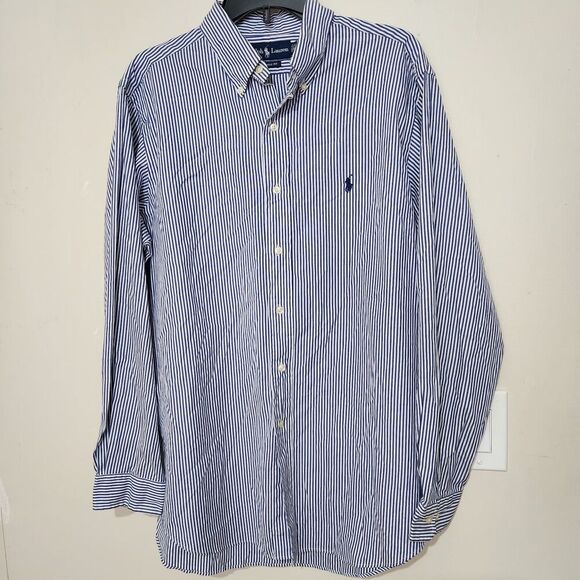 Polo Ralph Lauren Shirt Men Size 34-35 Classic Fit Blue Striped Button Down - Picture 2 of 10
